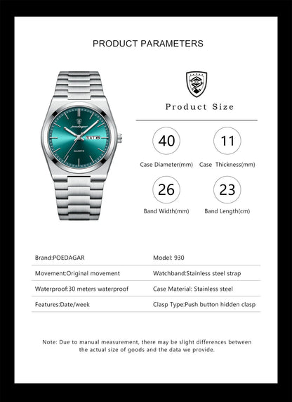 POEDAGAR Fashion Men Watch Waterproof Luminous Date Week Men's Watches Stainless Steel Functional Man Quartz Watch with Gift Box