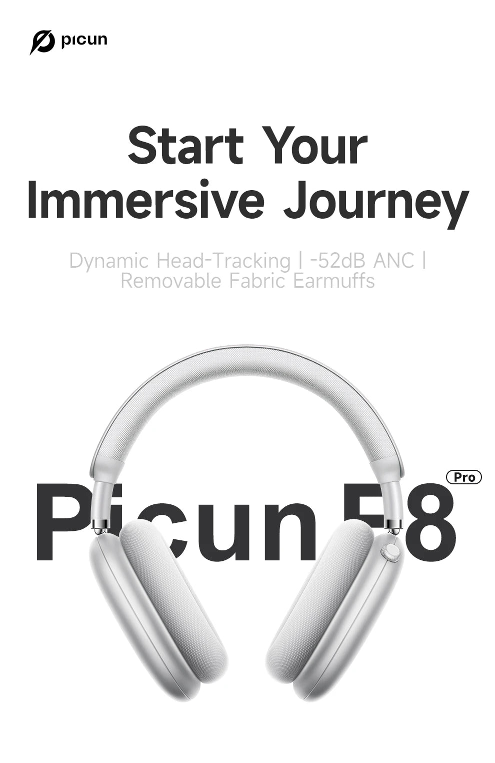 Picun F8 Pro ANC Kabellose Kopfhörer mit Head Tracking, 3D Spatial Audio, -52dB ANC, HIFI Bluetooth-Headset, ENC HD-Mikrofon, niedriger Latenz und App