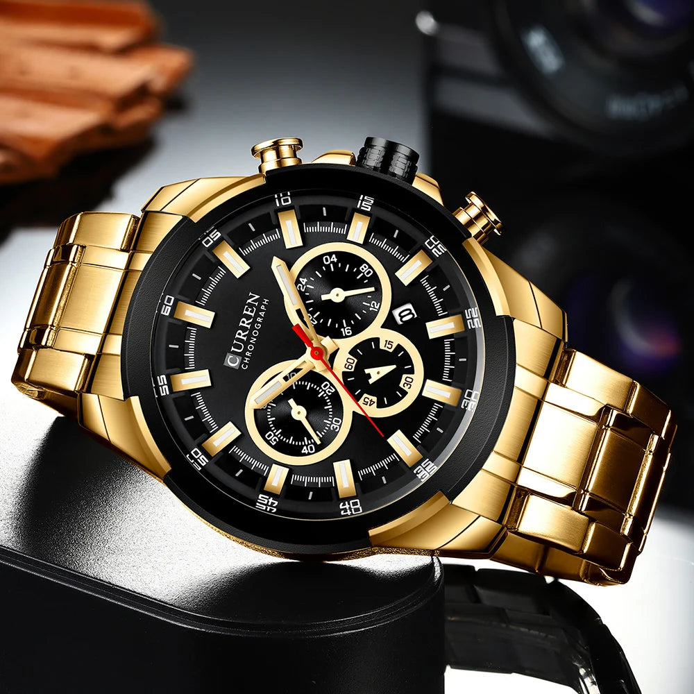 CURREN Chronographenuhr für Herren, großes Zifferblatt (48 mm), Edelstahlarmband, drei Hilfszifferblätter, Quarz-Sportarmbanduhr, luxuriöser Stil