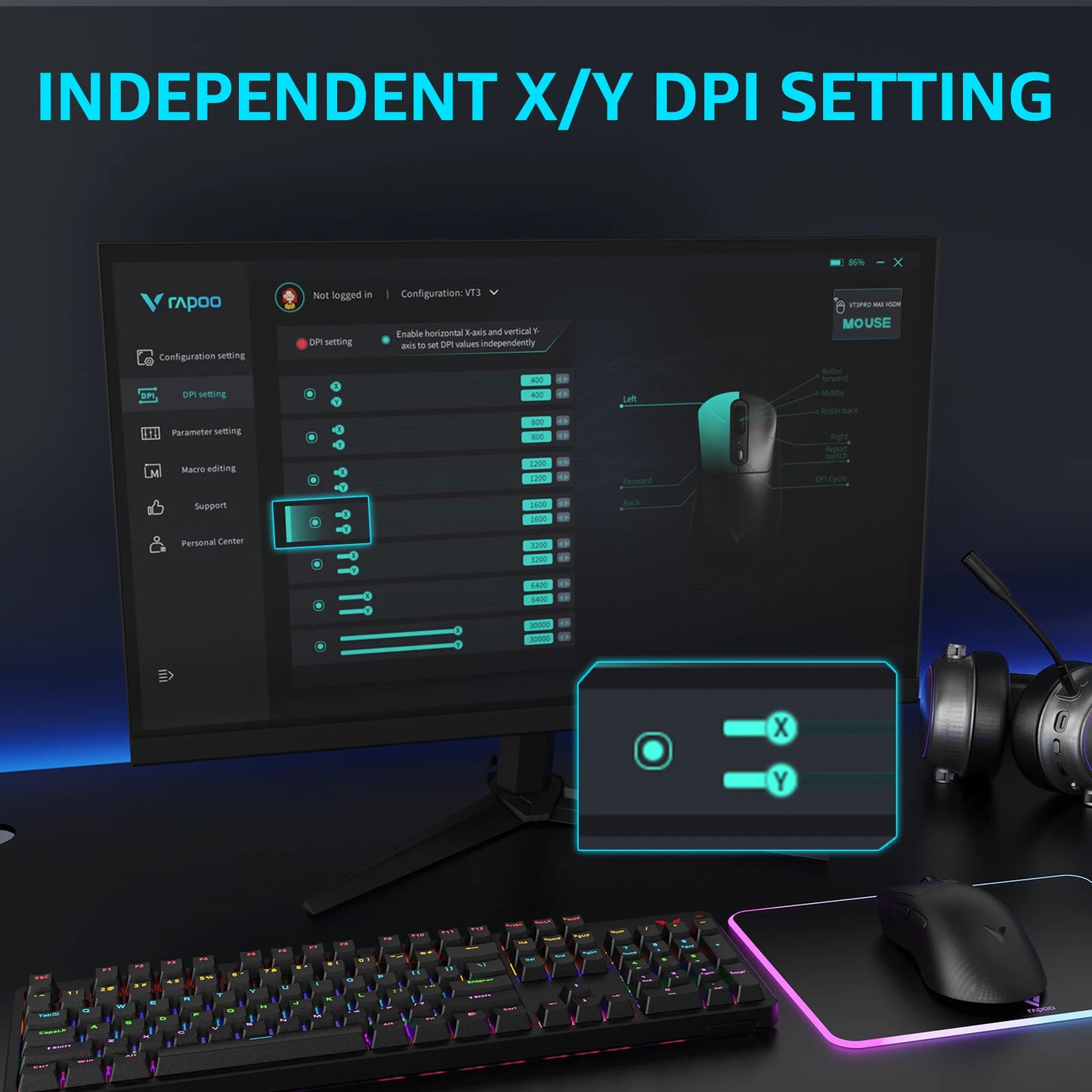 Rapoo VT3Pro GEN-1 Wireless Gaming Mouse 59g Lightweight 8KHz Polling Rate 26000DPI 9 Programmable Buttons Optical Sensor