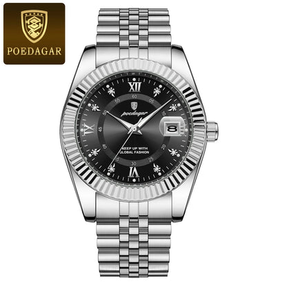 POEDAGAR Herrenuhr – Luxusmodell, wasserdicht, aus Edelstahl, mit Leuchtanzeige, im Militärstil, mit Datumsanzeige, Quarzwerk, ideal für die Arbeit oder berufliche Anlässe.