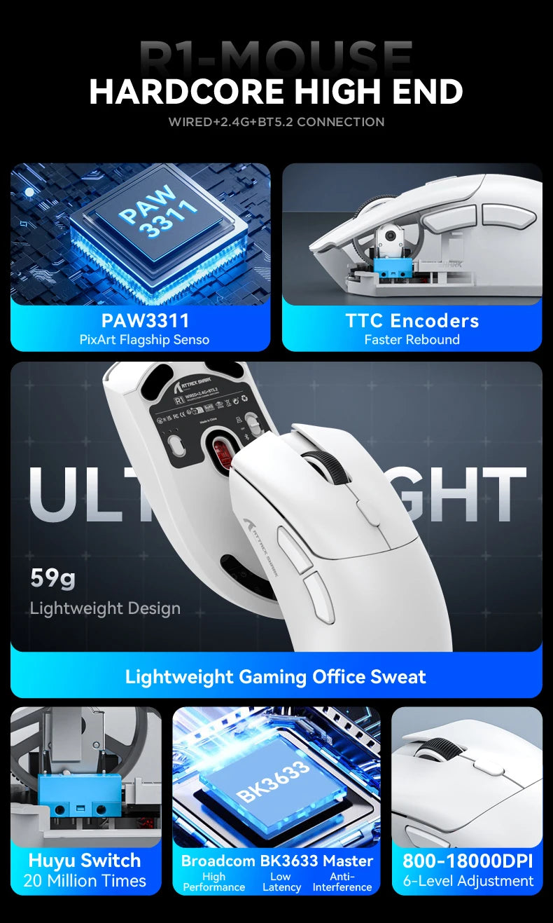 Attack Shark R1 Tri-Mode 2.4g-BT-Wired, PAW3311 18000DPI, 59g Lightweight Gaming Mouse