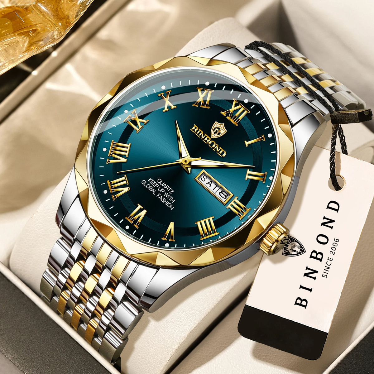 Luxe BINBOND Original Brand quartz-polshorloge voor heren, verlicht, waterdicht, automatische datum, weergave van de weekdag, casual stijl.