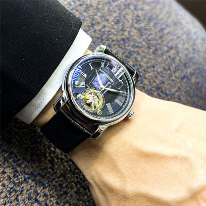 Muški automatski mehanički sat – elegantan skeletni dizajn, moderan 'business casual' stil, kućište od legure i kožni remen, bez baterije