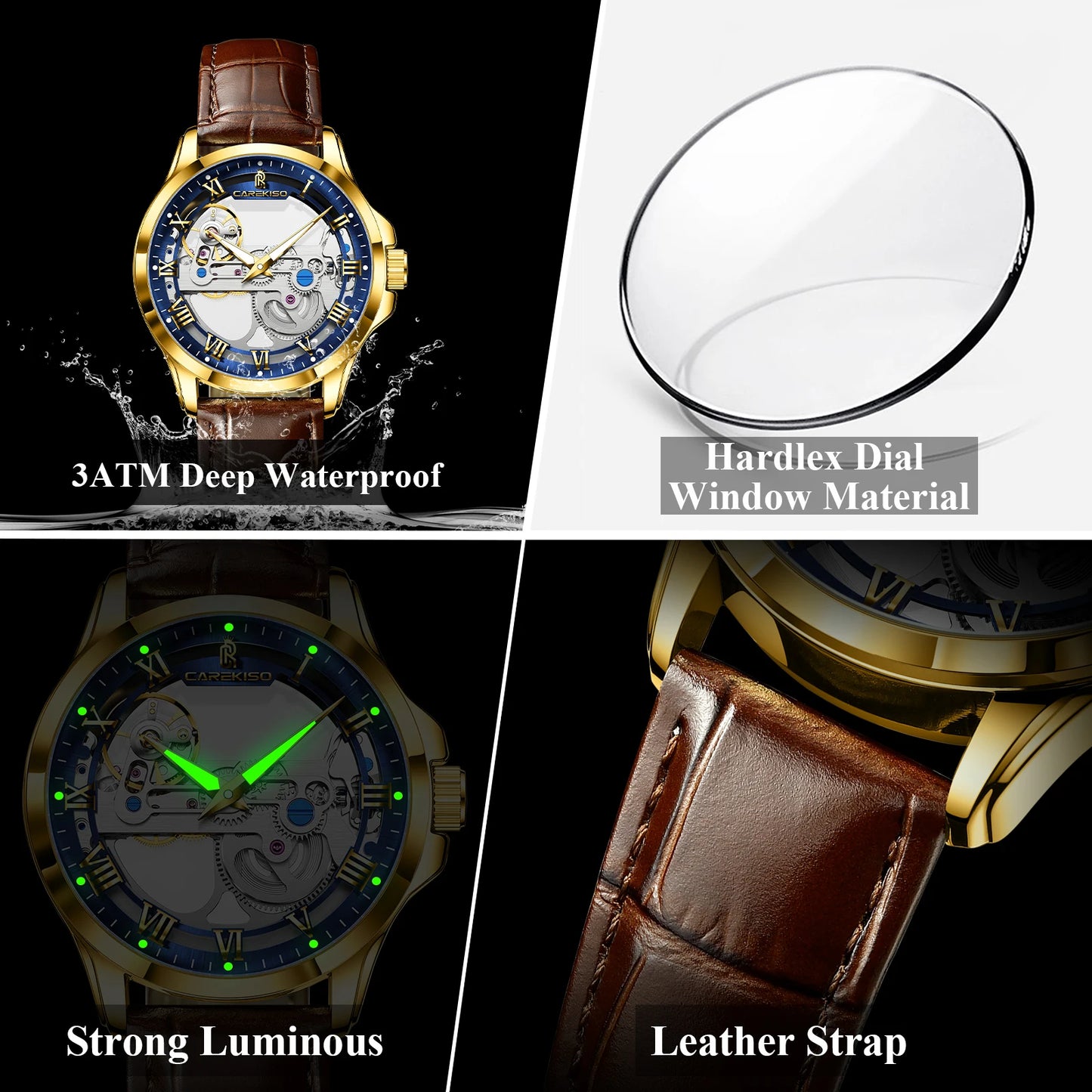 CAREKISO Fashion Men's Watches Original Mechanical Leather Men Clock Waterproof Hollow Tourbillon Automatic Man Watch Reloj Male
