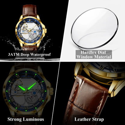 CAREKISO Fashion Men's Watches Original Mechanical Leather Men Clock Waterproof Hollow Tourbillon Automatic Man Watch Reloj Male