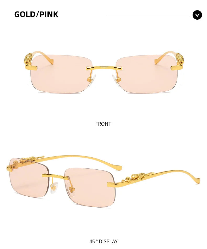 New Rimless Rectangle Vintage Metal Leopard Head Sunglasses Fashion Frameless Tinted Glasses Shades for Women Men