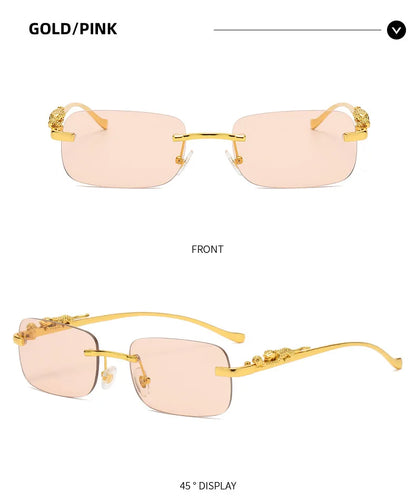 New Rimless Rectangle Vintage Metal Leopard Head Sunglasses Fashion Frameless Tinted Glasses Shades for Women Men