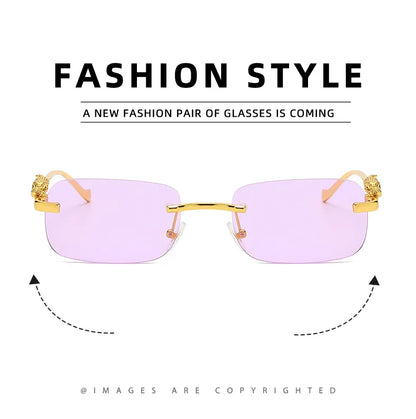 New Rimless Rectangle Vintage Metal Leopard Head Sunglasses Fashion Frameless Tinted Glasses Shades for Women Men