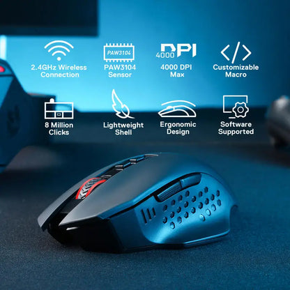 Redragon M656 Gainer Ασύρματο Gaming Ποντίκι, 4000 DPI 2.4Ghz Ασύρματο Ποντίκι Gamer με 5 Επίπεδα DPI, 7 Κουμπιά Macro, Κόκκινος Φωτισμός LED