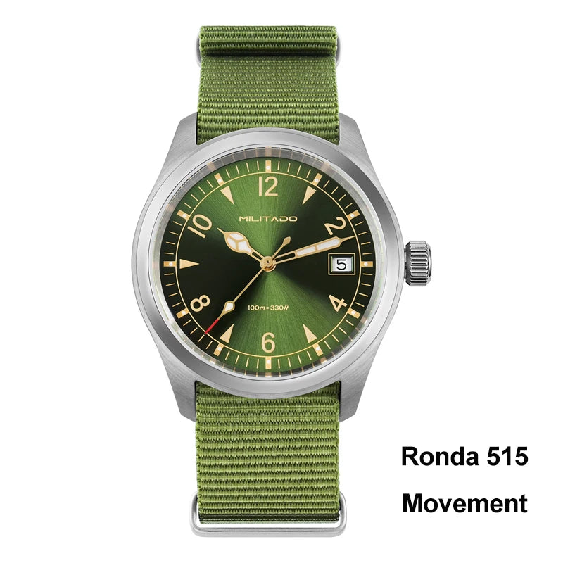 Militado ML08 Men Military Watch Ronda 515 Movement Sapphire Luminous Vintage Watches 10Bar Waterproof Stainless Steel Watch