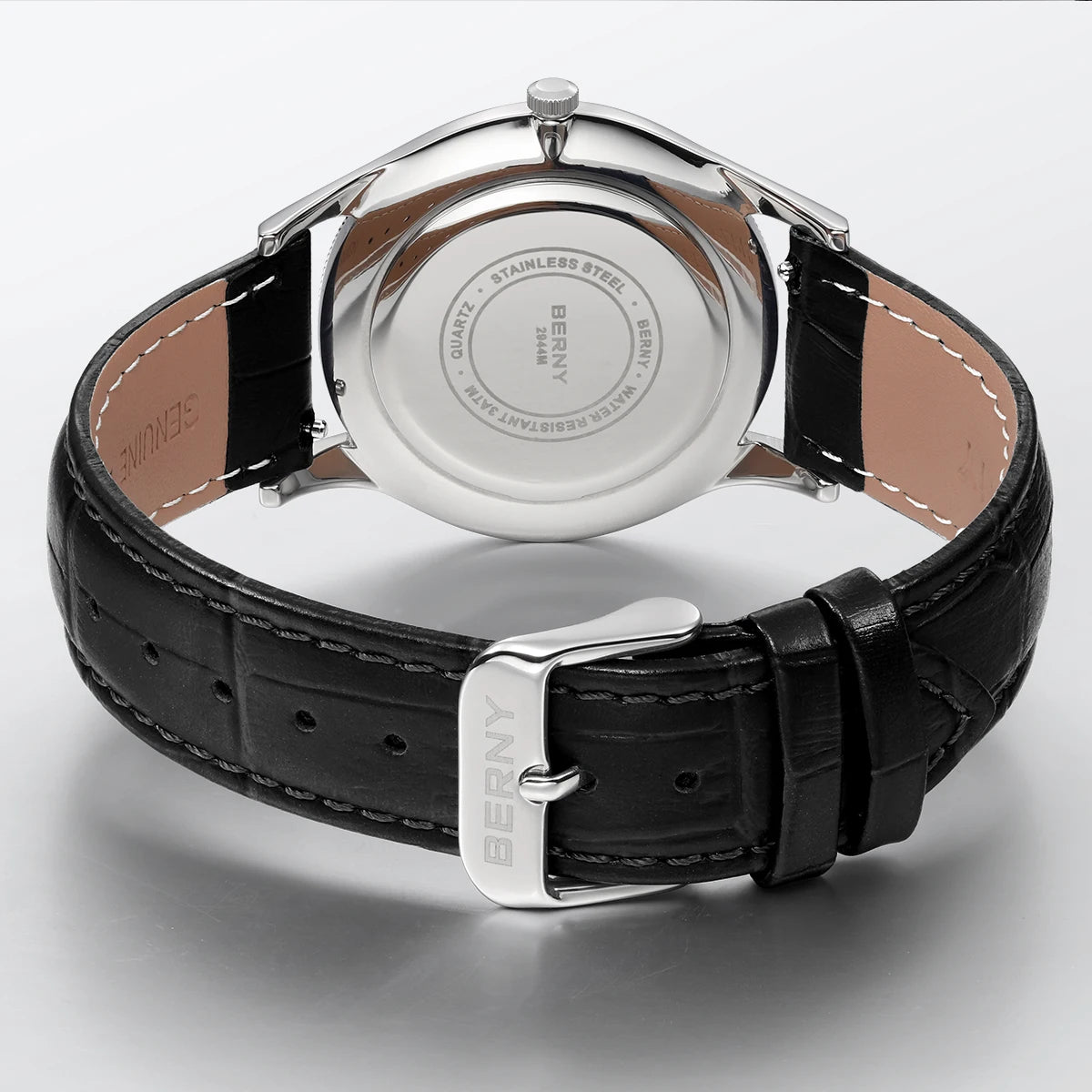 BERNY Men's Watches Luxury Classic Stylish Dress Quartz Watch Slim Stainless Steel Case Elegance Leather Strap Wristwatch