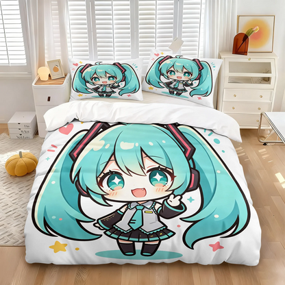 Komplet posteljnine Hatsune Miku v slogu chibi – simpatična anime posteljnina z vzglavniki za igralno sobo, dekoracija za otroško in najstniško spalnico, darilo za oboževalce