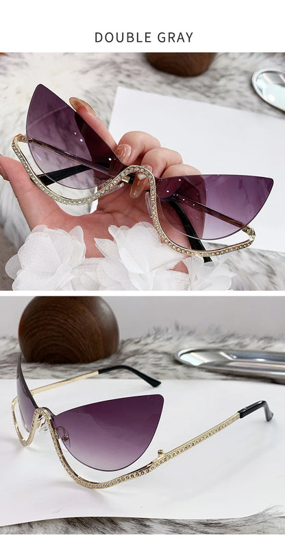 Sexy Cat Eye Rimless Sunglasses Women 2026 Luxury Brand Trendy Rhinestone Sun Glasses Punk Metal Frame Eyewear Outdoor Shades