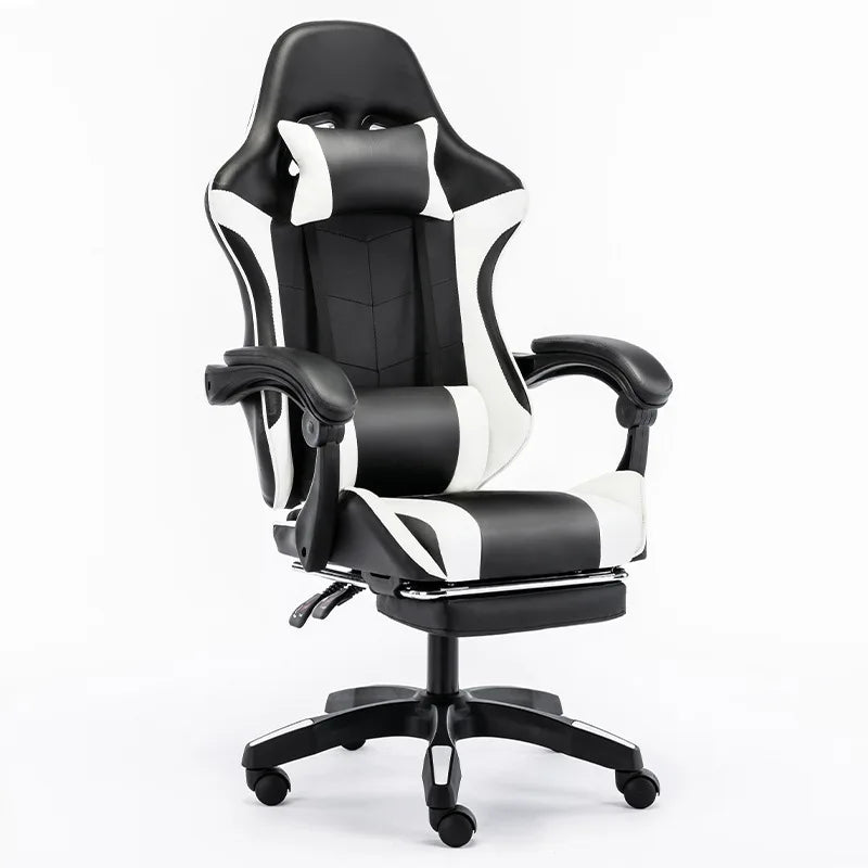 Gaming chair with lumbar soft pillow support and adjustable height footrest, an ergonomic computer gaming chair.