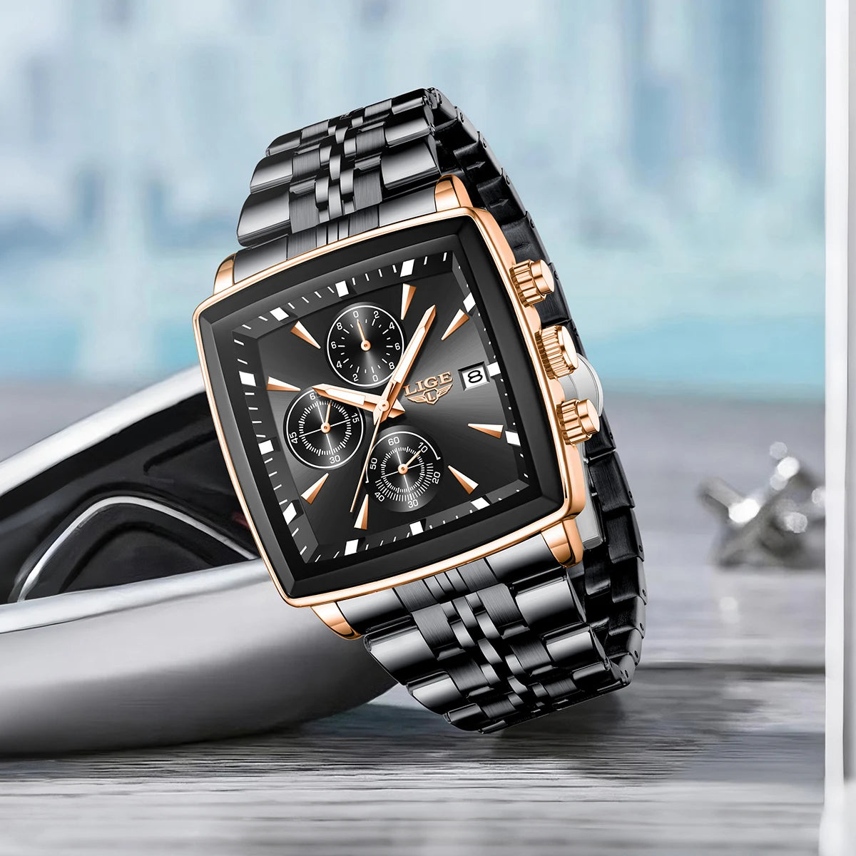 Relojes de lujo para hombre LIGE, modelo cuadrado, estilo clásico y moderno, de acero inoxidable, resistentes al agua, deportivos y desenfadados, con mecanismo de cuarzo.