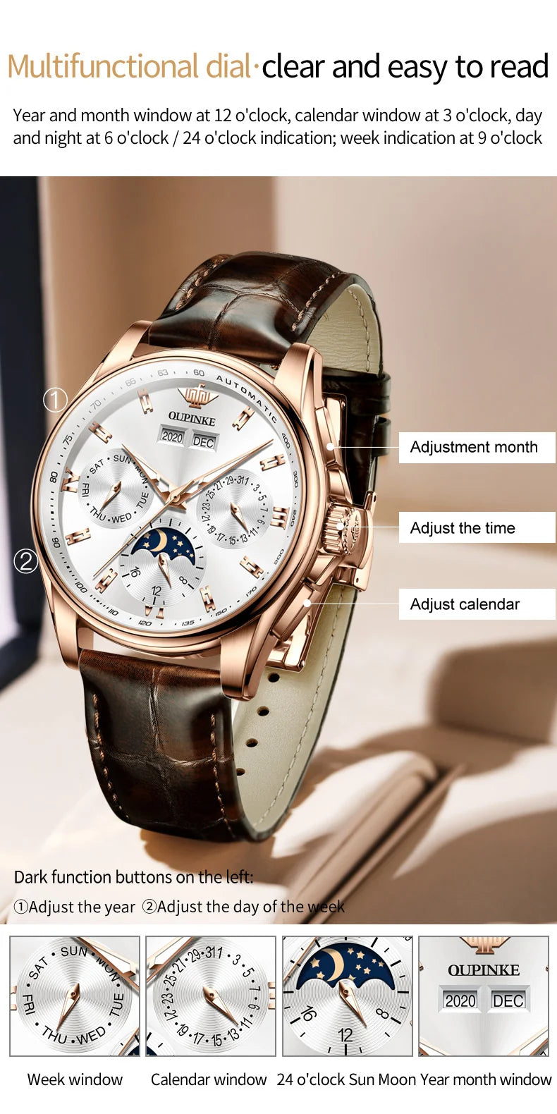 OUPINKE 3189 Classic Men's Watch Leather Strap Waterproof Moon phase Top Brand Automatic Mechanical Men's Wristwatch