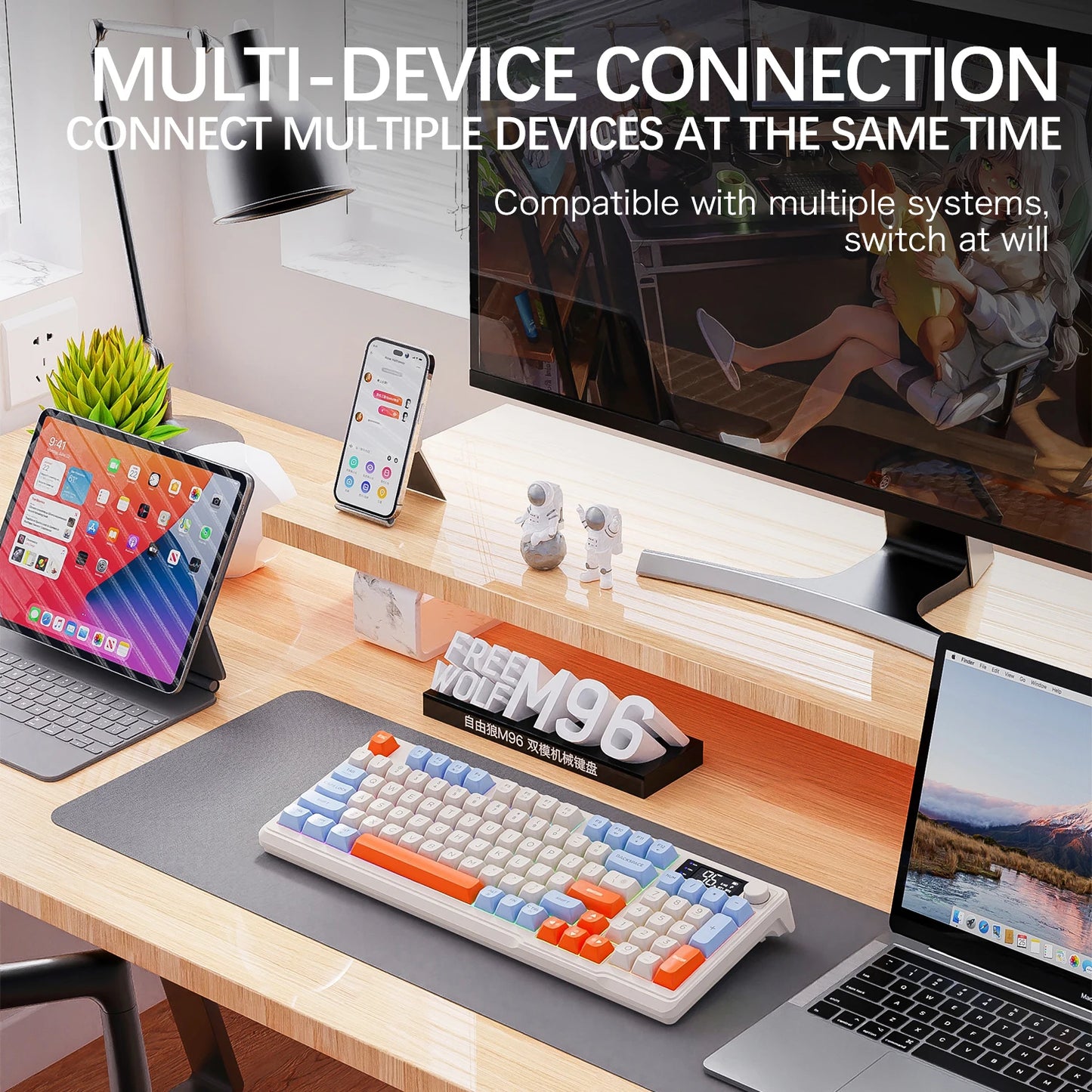 M96 Bluetooth Wireless Keyboard FREEWOLF Digital Display,RGB Backlight,2000mAh Battery & PBT Keycaps for PC/Laptop
