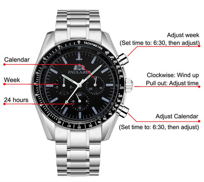 PAULAREIS P Brand Luxury Men Mechanical Watches Calendar Business Watch Mens Sports Waterproof Stainless Steel Automatic Watches