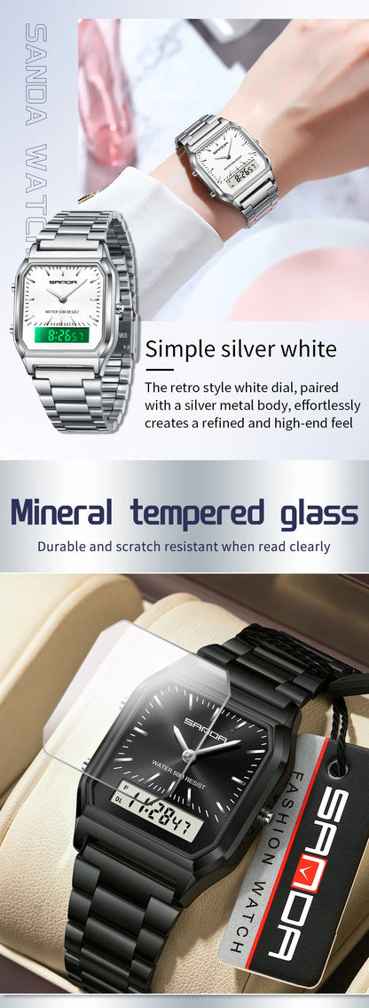 SANDA 747 Men’s & Women’s Luxury Digital Sports Watch  Stainless Steel, LED Dual Display & Waterproof