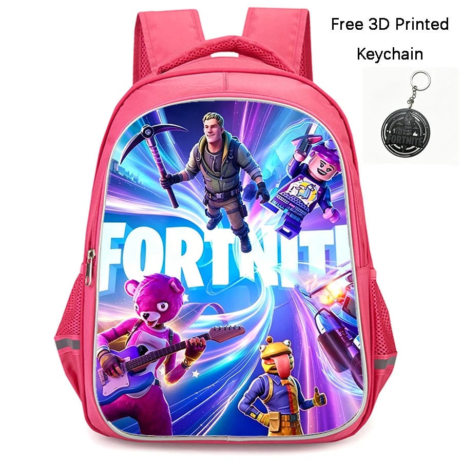 FORTNITE 16-inch Durable Lightweight Backpack, Dual Zipper Pockets, Cartoon Style for Boys & Girls Ages 6-10, Free 3D Printed Keychain
