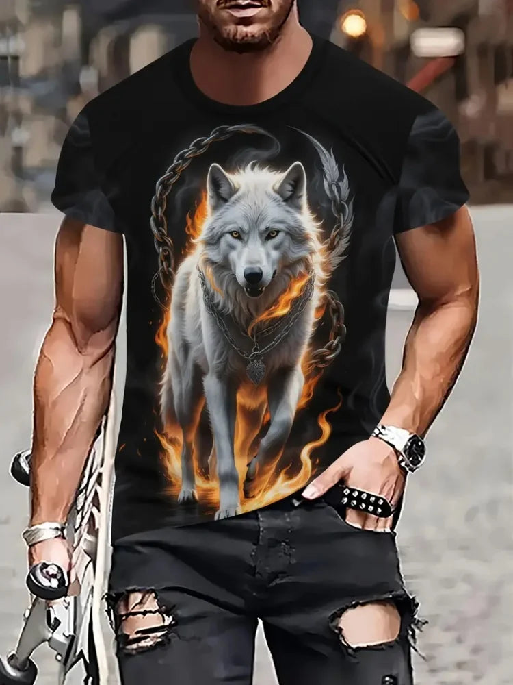 Fire Wolf Grafik-3D-Print Herren-T-Shirt Sommer Oversized Casual T-Shirt Herrenmode Fitness Kurzarm-Oberteil Tee-Shirt