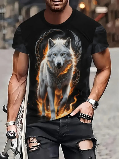 Fire Wolf Grafik-3D-Print Herren-T-Shirt Sommer Oversized Casual T-Shirt Herrenmode Fitness Kurzarm-Oberteil Tee-Shirt