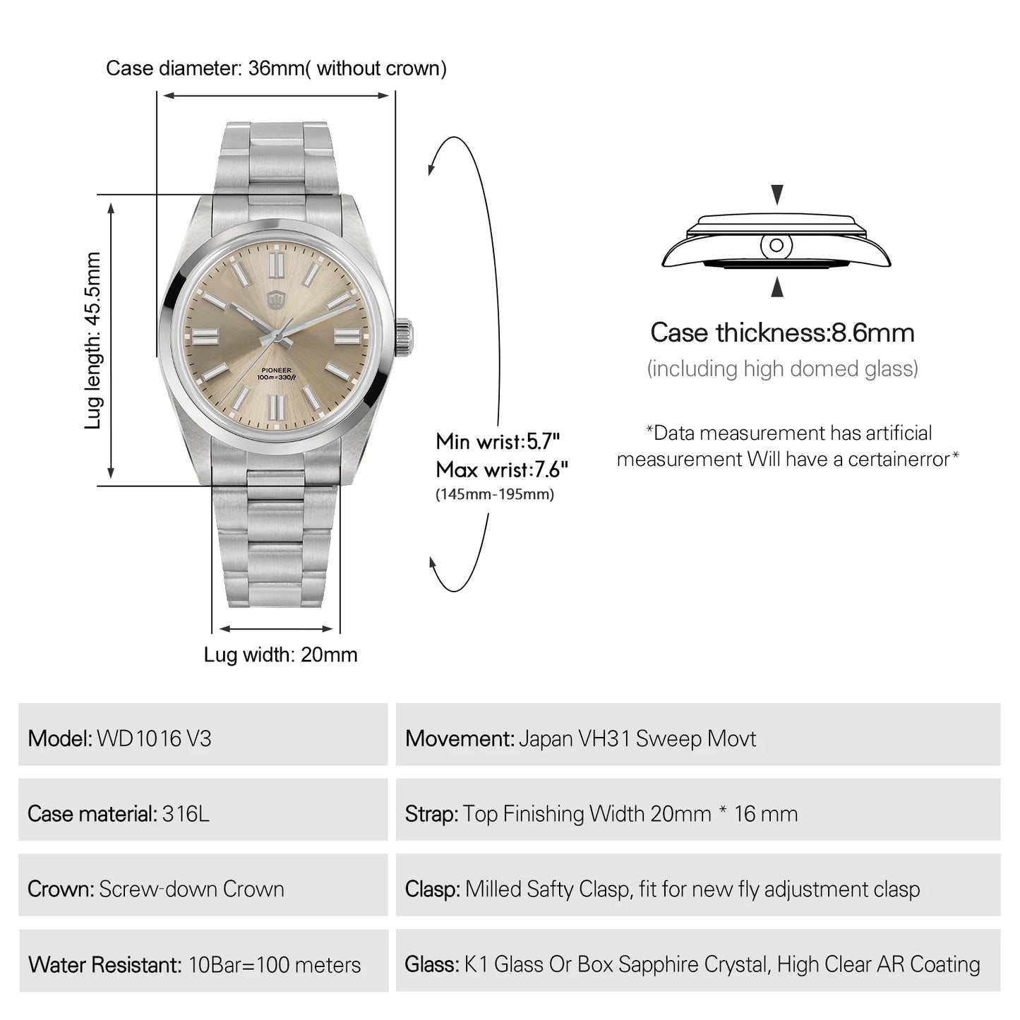 Watchdives WD1016 V3 Watch 37mm VH31 Sweep Quartz Movemet Stainless Steel Watch Waterproof Luminous Sapphire Men Wristwatch