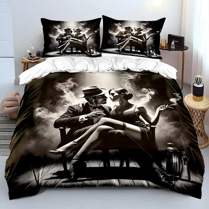 Couple in black-and-white smoky scene Bedding Set for Kids Luxury Gift 3pcs Digital Print Comforter Set Soft Comfortable