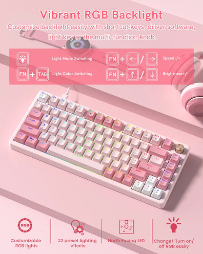 Womier VK75 Wired Mechanical Keyboard Retro Pink Custom Hot-swappable Keyboard for PC Computer Laptop