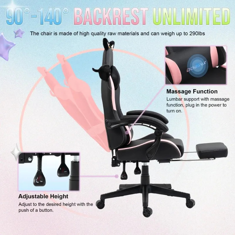 Cuki gamer szék macskafülekkel, lábtartóval, rózsaszín kawaii számítógépes szék, ergonomikus, magas háttámlás gamer ülés macskamancsos deréktámasszal