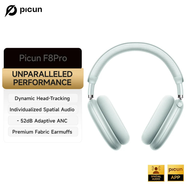 Picun F8 Pro ANC Kabellose Kopfhörer mit Head Tracking, 3D Spatial Audio, -52dB ANC, HIFI Bluetooth-Headset, ENC HD-Mikrofon, niedriger Latenz und App