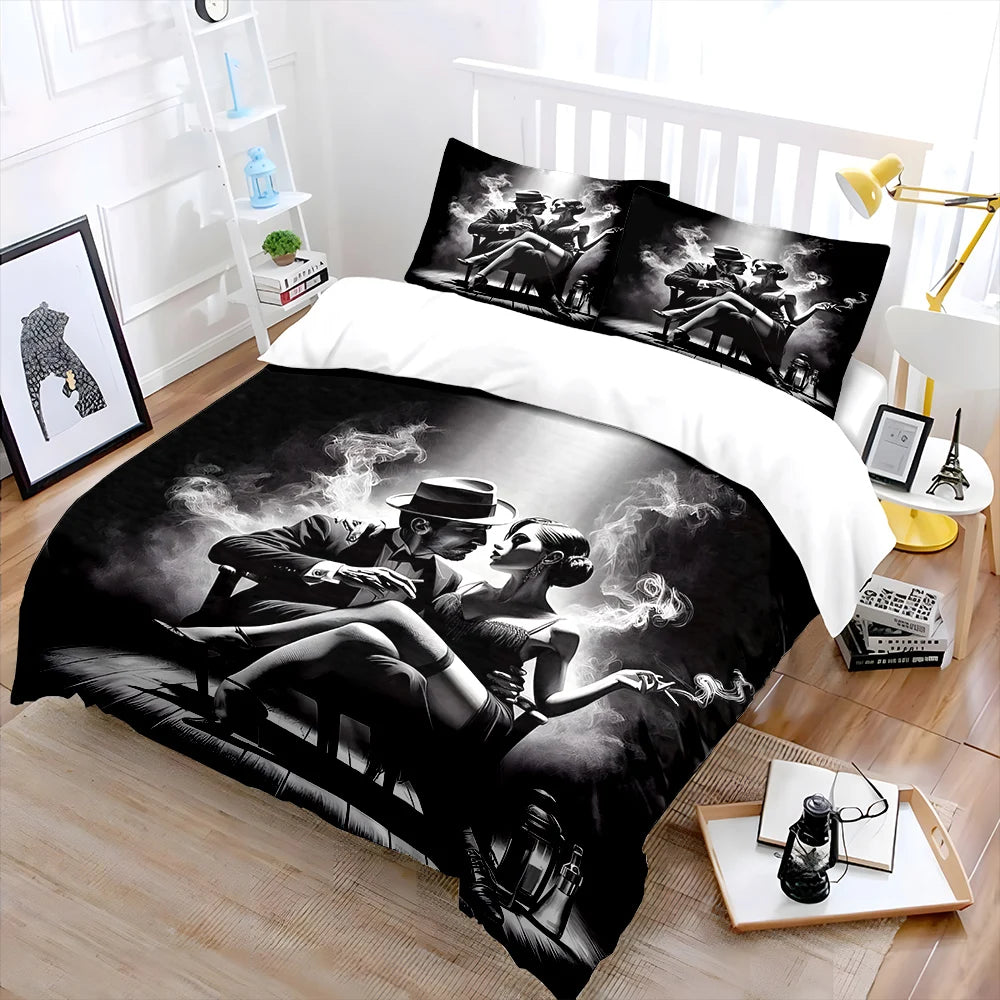 Couple in black-and-white smoky scene Bedding Set for Kids Luxury Gift 3pcs Digital Print Comforter Set Soft Comfortable