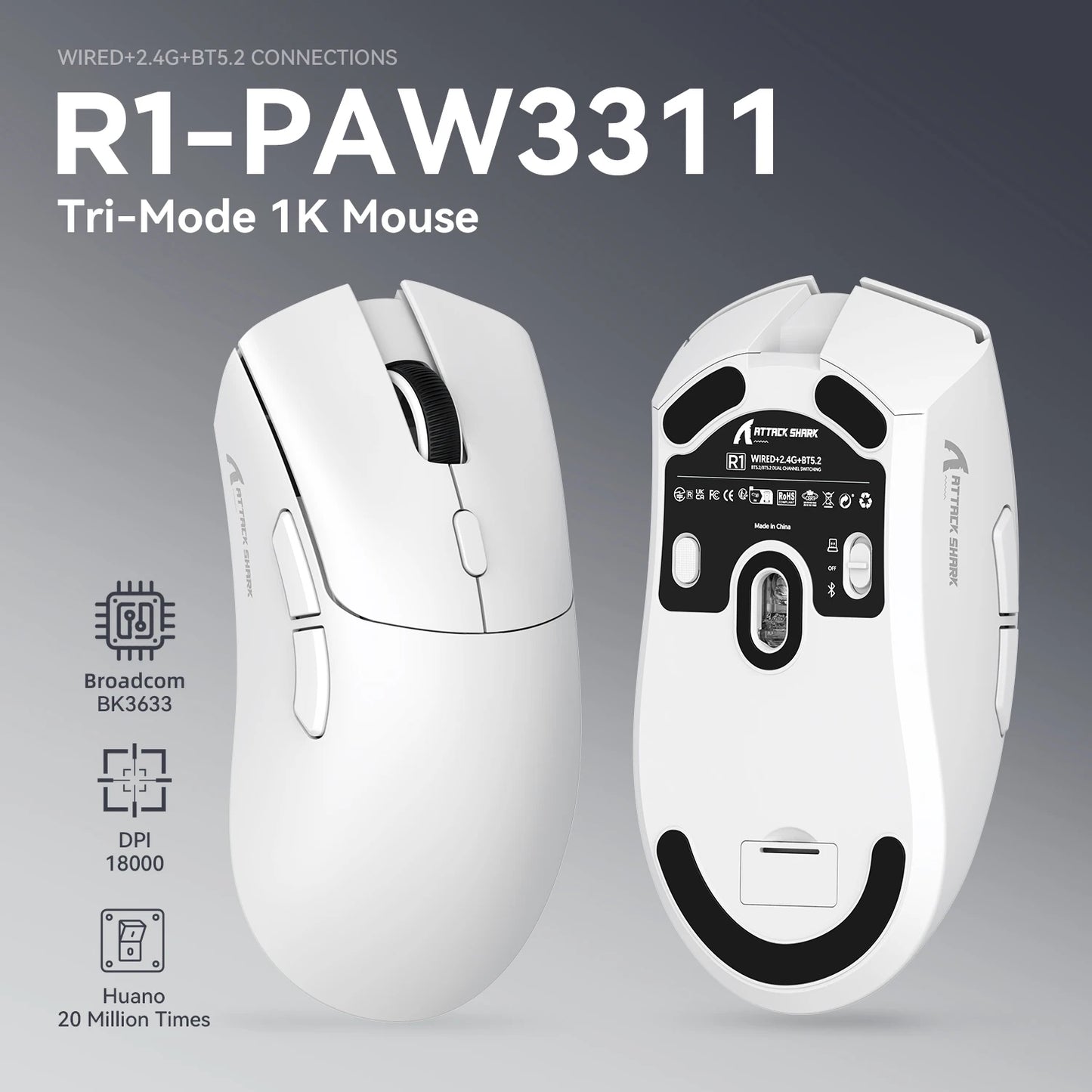 Ratón gaming trimodo ATTACK SHARK R1, sensor PixArt PAW3311, 18000 DPI, 1000hz, ultraligero de 59g para manos grandes, para PC/Mac