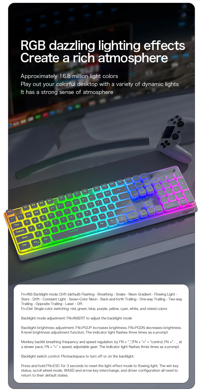 Freewolf M104 Tri-Mode Wireless Keyboard RGB 104 Keys Ultra Slim Quiet Membrane 4000mAh Large Battery for Office&Home