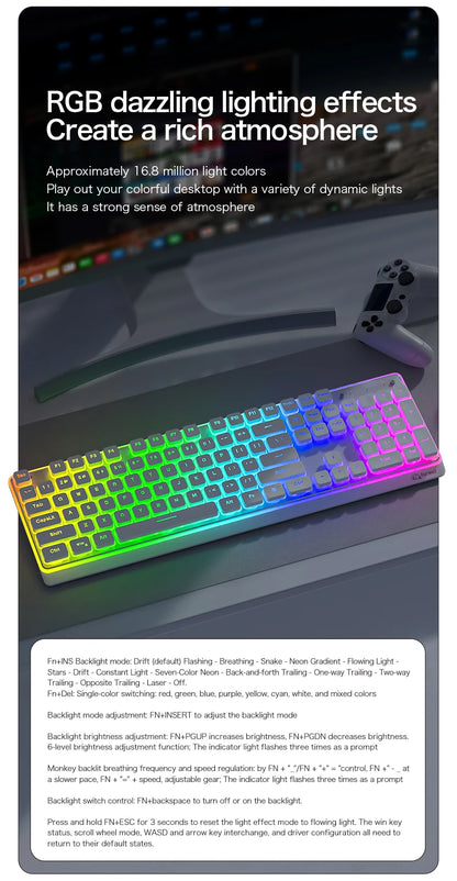 Freewolf M104 Tri-Mode Wireless Keyboard RGB 104 Keys Ultra Slim Quiet Membrane 4000mAh Large Battery for Office&Home