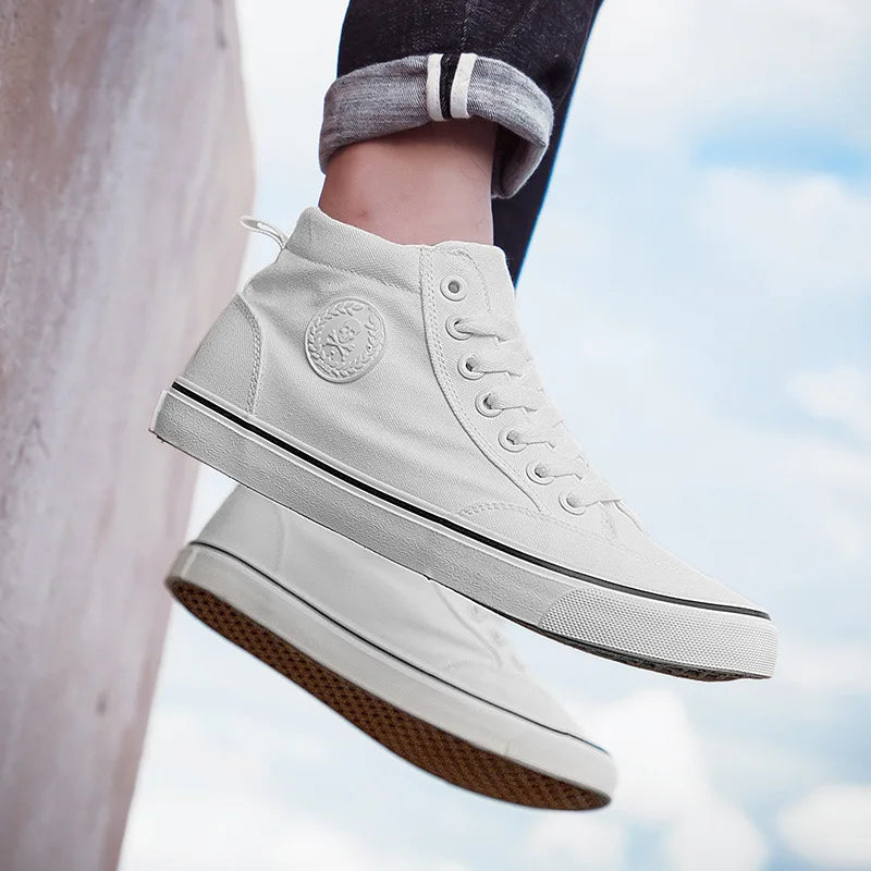 Pánské vysoké plátěné tenisky, nazouvací, šněrovací, ležérní, celočerné, základní skateové boty pro studenty, s plochou podrážkou, pohodlné sportovní boty