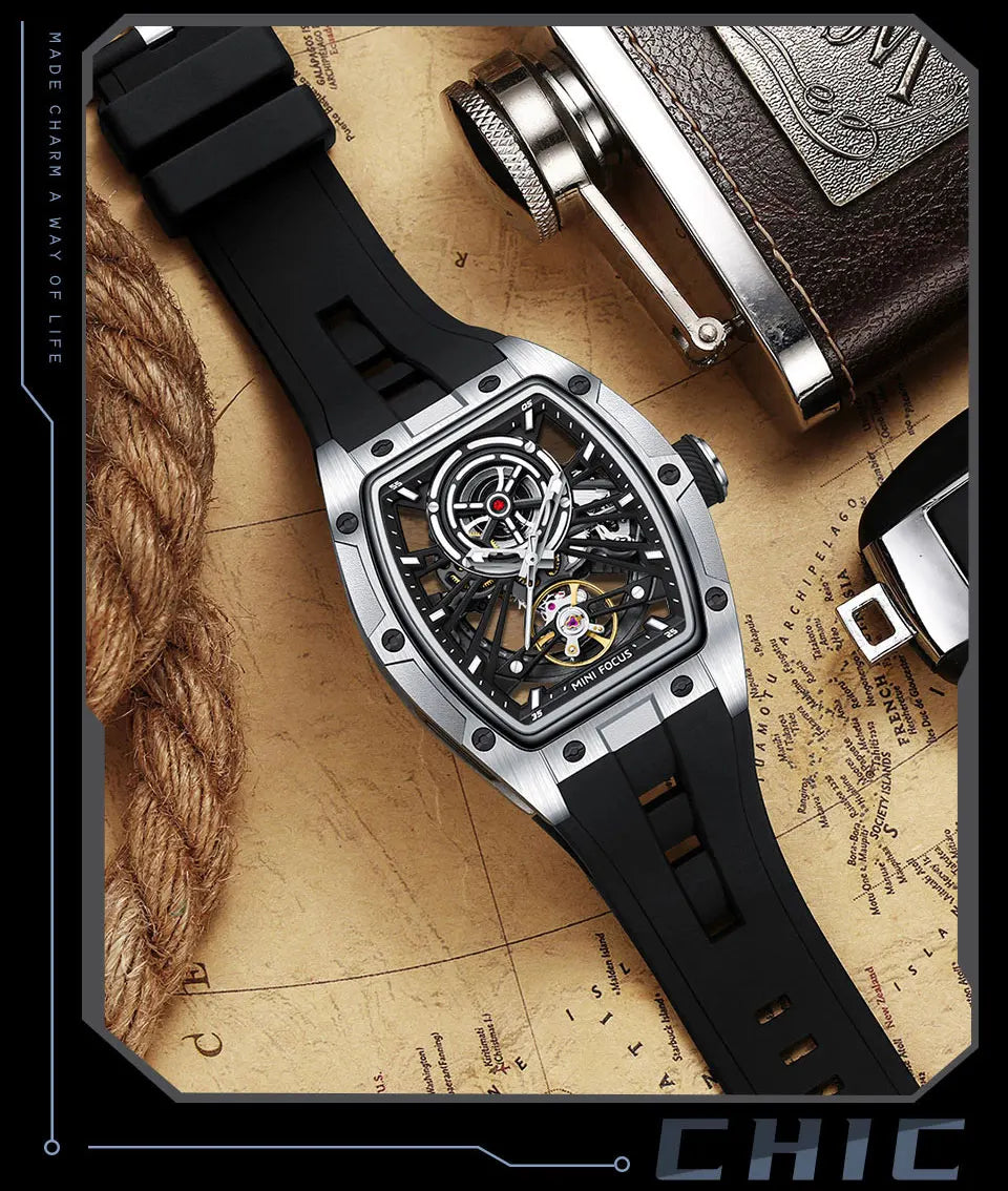 MINI FOCUS Herren-Armbanduhr, modisch, schwarz, wasserdicht, automatische mechanische Uhr mit Leuchtzeigern, Silikonarmband und Tonneau-Zifferblatt