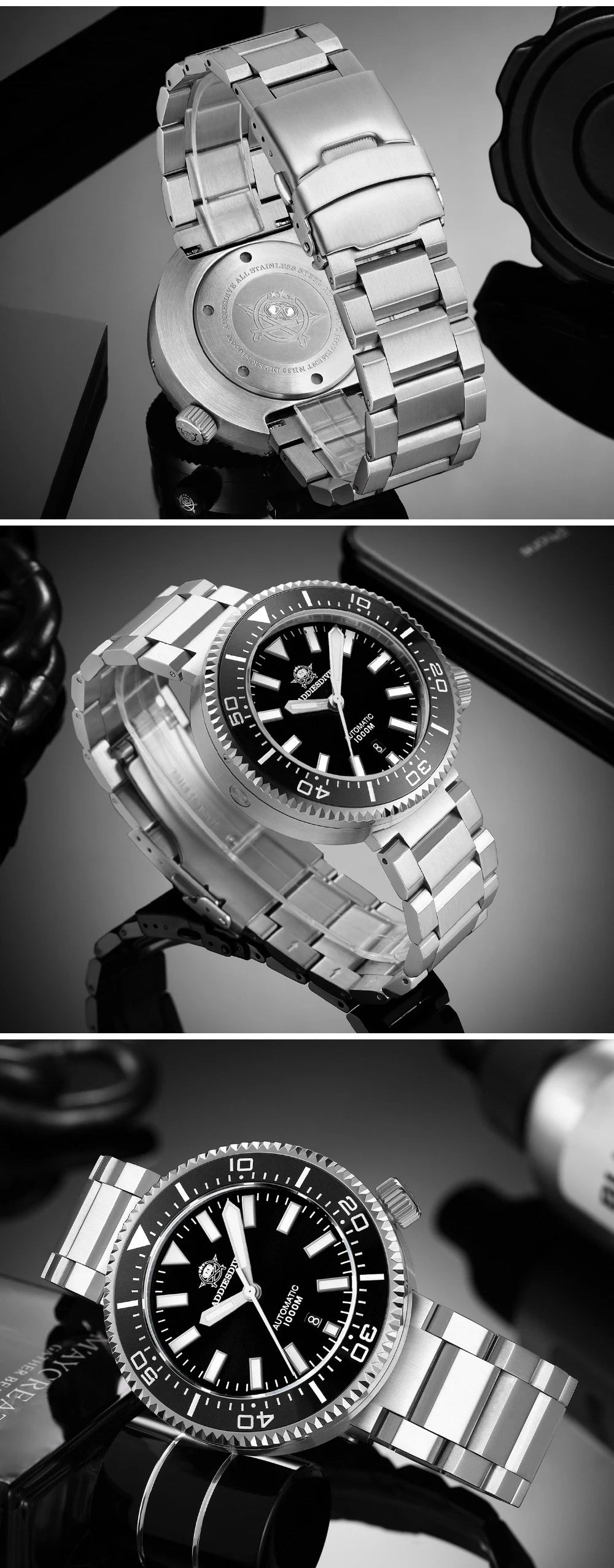 Orologio da immersione di lusso da uomo ADDIESDIVE, impermeabile fino a 1000 m, con vetro zaffiro e quadrante luminescente – Orologio meccanico a carica automatica