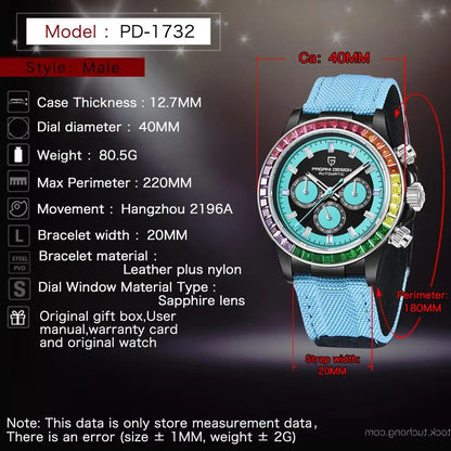 PAGANI DESIGN Luxury Men's Mechanical Watch 40mm Multifunctional timing watch Rainbow Bezel Sapphire Glass Men's Watches PD1732