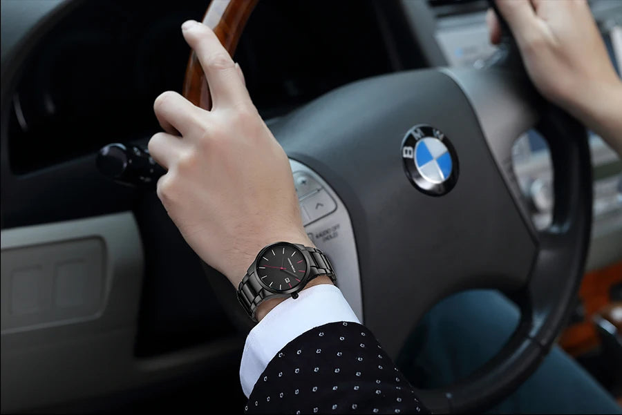 Hannah Martin herenhorloge, roestvrijstalen kast, quartz uurwerk, wijzerplaat van 41 mm, zakelijke stijl, met kalenderweergave (imitatie)