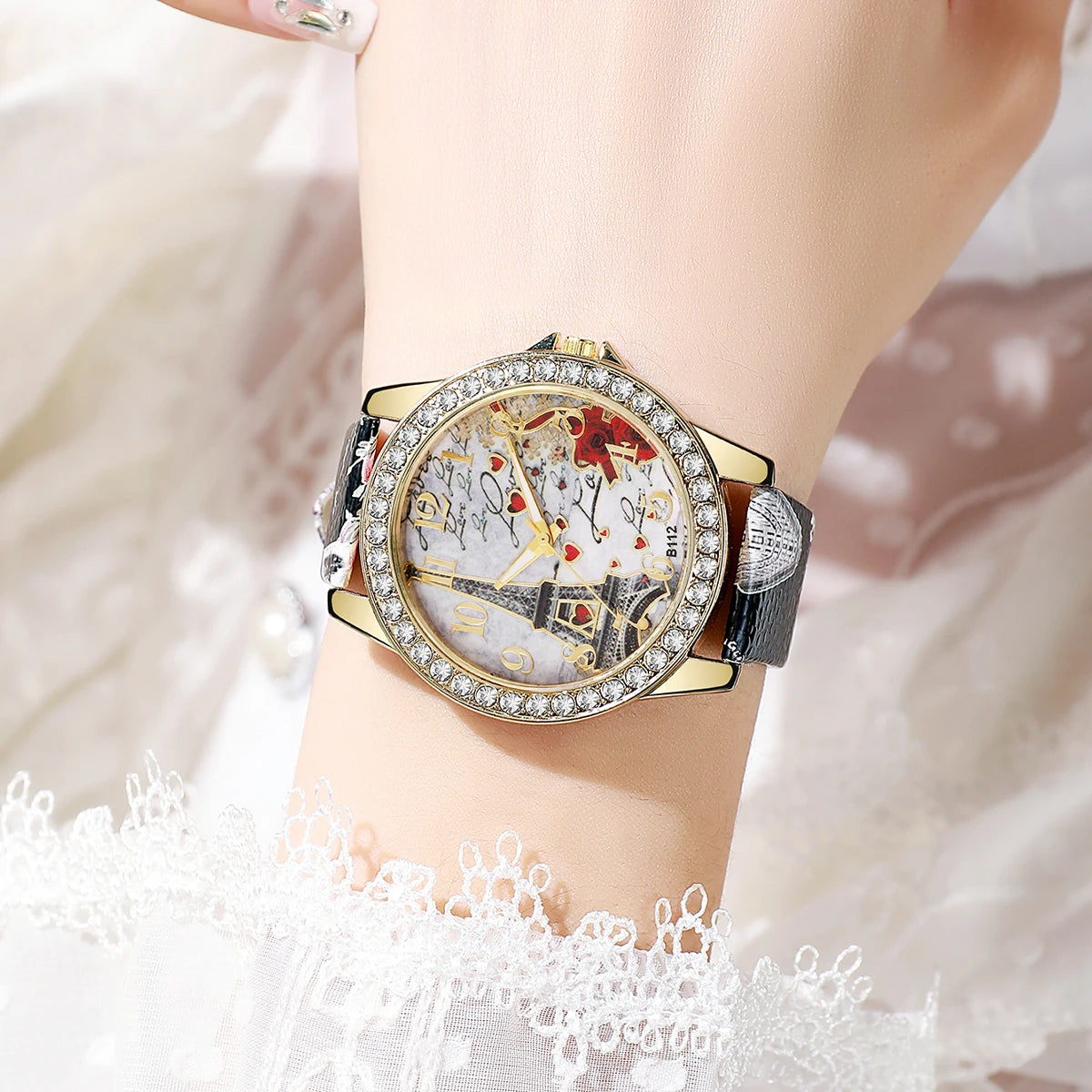 Fashion Flowers Women Watches Ladies Leather Strap Analog Quartz Watch Reloj Mujer Girls Clock Gift