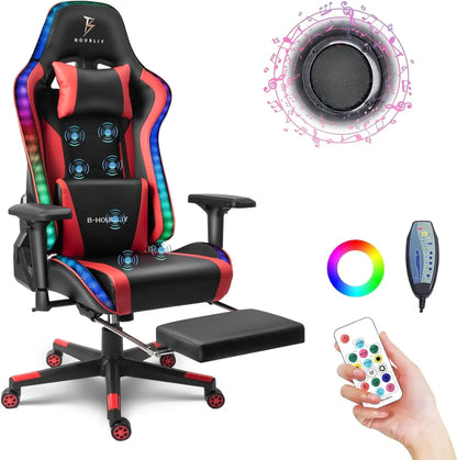 Massage Gaming Chair with Speakers and RGB LED Lights Ergonomic Computer Gaming Chair with Lumbar Support Swivel & Adjustable