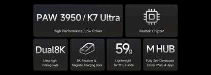 MCHOSE K7 Ultra brezžična gaming miška PAW3950 z dvojno frekvenco osveževanja 8K, lahka magnetna brezžična polnilna postaja, e-šport in pisarna