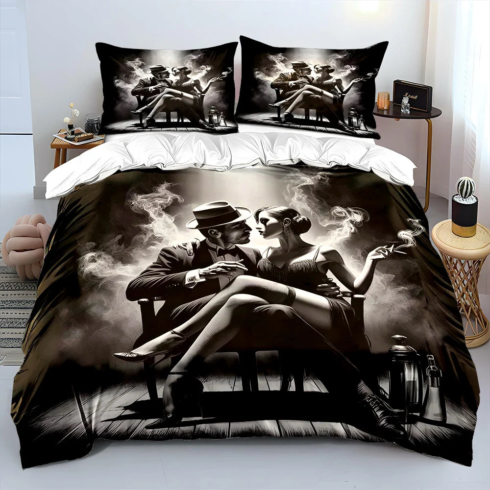 Couple in black-and-white smoky scene Bedding Set for Kids Luxury Gift 3pcs Digital Print Comforter Set Soft Comfortable