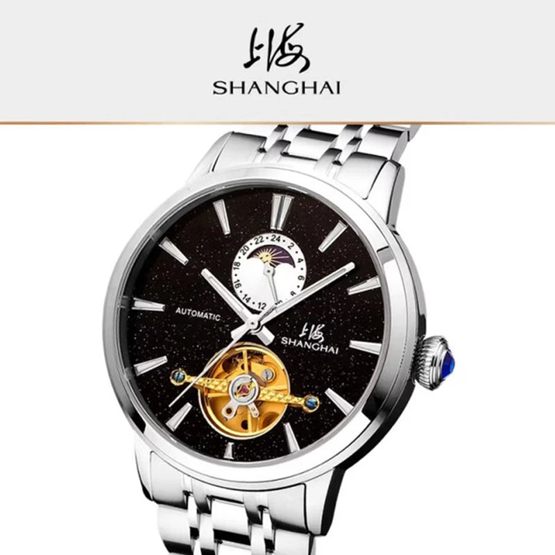 Shanghai Watch Flywheel Men's Watches Calendar Starlight Dial Automatic Mechanical Wristwatch 316L Stainless Steel Clock S8609