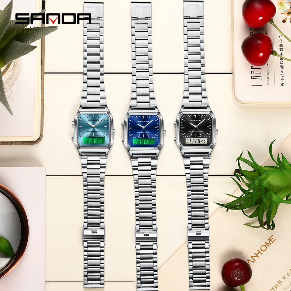 SANDA 747 Men’s & Women’s Luxury Digital Sports Watch  Stainless Steel, LED Dual Display & Waterproof