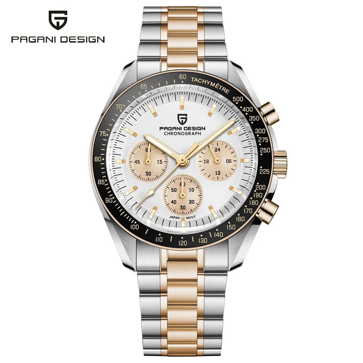 Vyriškas laikrodis „PAGANI DESIGN“ „New Moon“ – prabangus kvarcinis laikrodis su chronografu, safyro stiklu su antirefleksine danga, keraminiu rėmeliu ir šviečiančiomis rodyklėmis