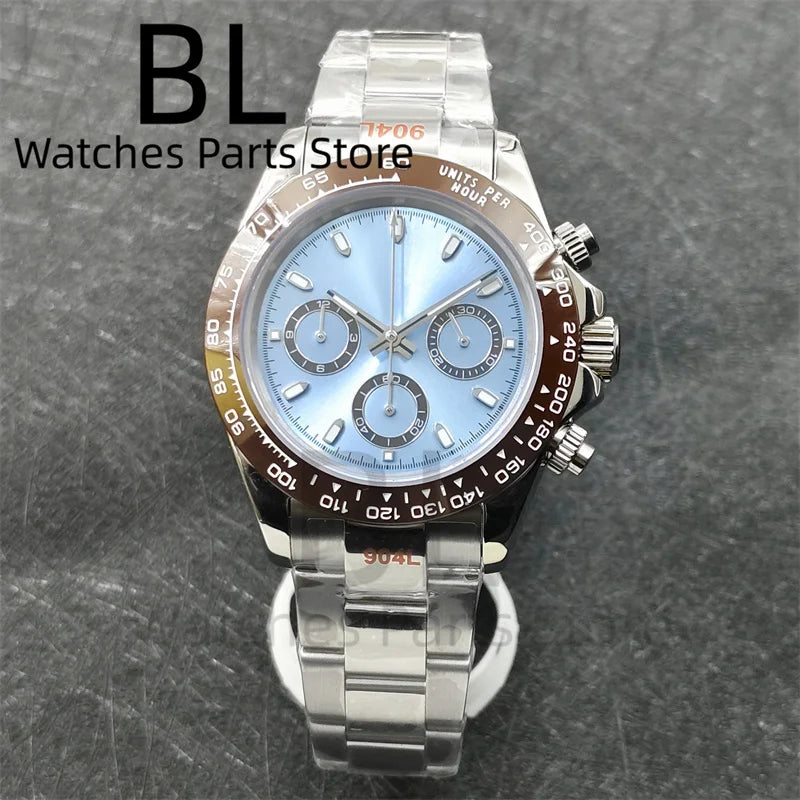 BLIGER 39mm VK63 Men's Quartz Chronograph Watch Ceramic Brown Insert Ice Blue Dial With C3 Luminous Sapphire Crystal Waterproof