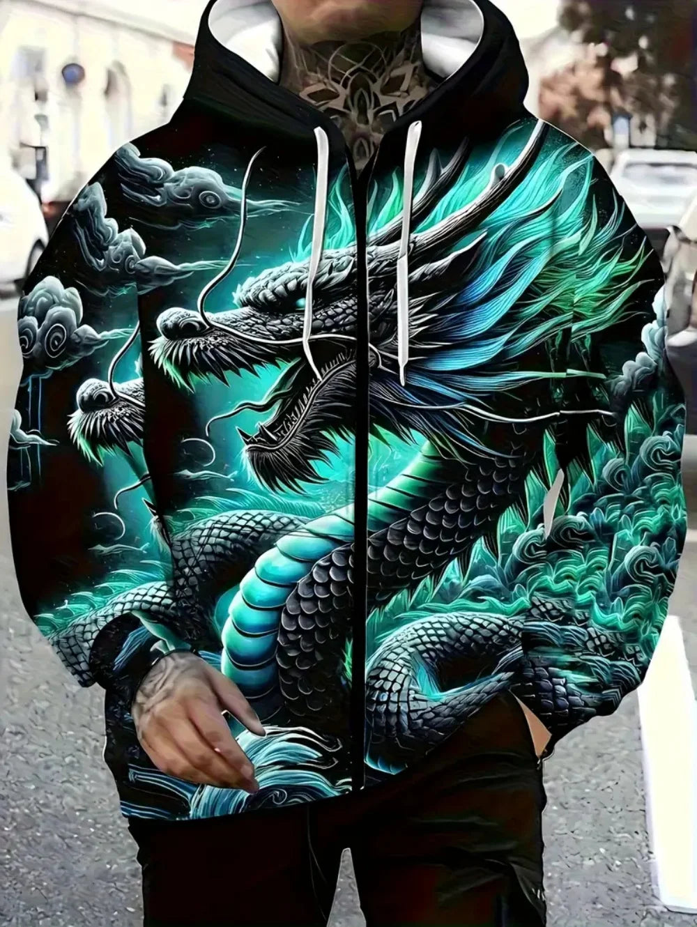 Herren-Kapuzenhoodie mit Drachenprint und Reißverschluss, für Outdoor-Aktivitäten und Reisen, mit Kordelzug, langärmelig, Herbst/Winter, Oversize-Sweatshirt für Männer